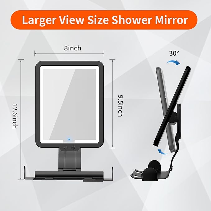 Shower Mirror Fogless for Shaving, Heated Shower Mirror with 3 Color Lights Dimming 9.5*8inch Shower Shaving Mirror, Lighted Shower Mirror Large Antifog Shaving Mirror with Storage Tray & Razor Holder
