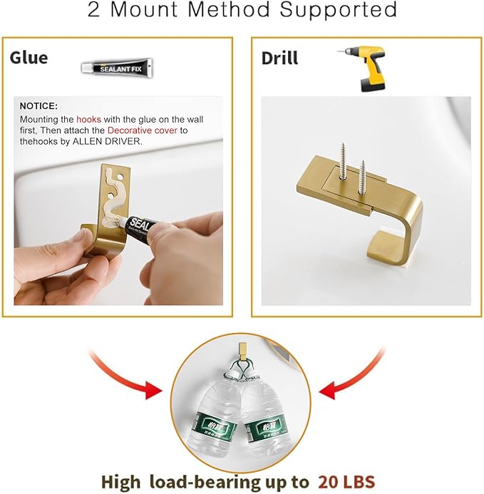 BESy Brass Clothes Hook Single Towel Hook for Bathroom Kitchen Garage Square Style Robe Hooks Coat and Hat Hook, Self Adhesive with Glue or Wall Mounted with Screws, Two Packs, Brushed Gold