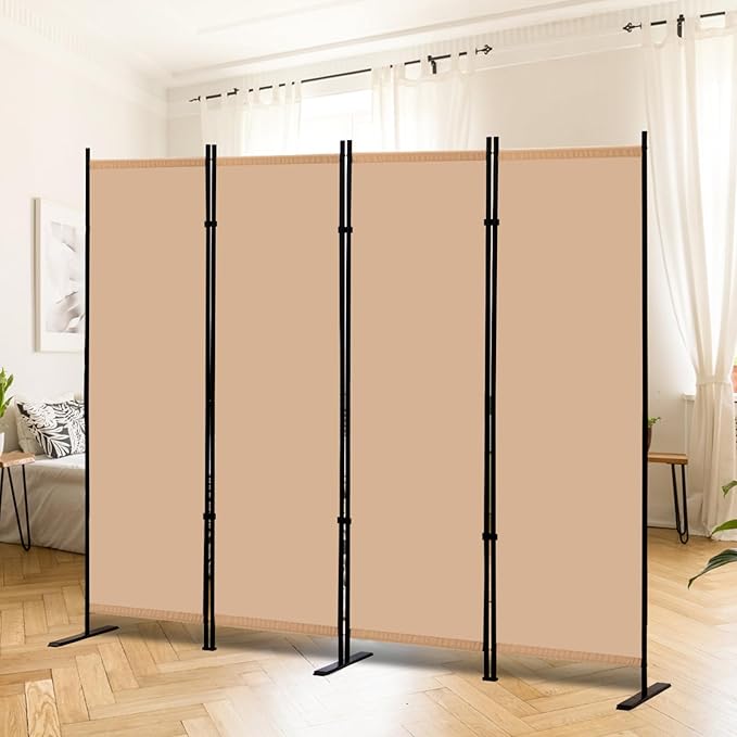RANTILA 4 Panel Room Divider, 6 FT Folding Privacy Screen with Wide Feet, Freestanding Partition for Room Separation, Portable Room Divider Panel, 89" W x 71" H, Beige