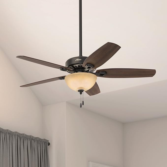 Hunter 52 inch Indoor Ceiling Fan with LED Light - Bronze Ceiling Fan with Pull Chain, For Bedroom or Living Room, Standard Mount, No Remote, 5 Blades, Includes Bulbs- Builder Deluxe 53091, New Bronze