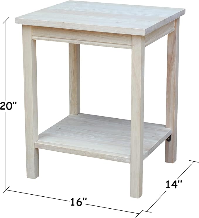 Portman Accent Table Solid Parawood Unfinished Wood 16"W x 14"D x 20"H with Shelf, Small Living Room Furniture for Painting or Staining, Traditional End Table for Bedroom or Entryway