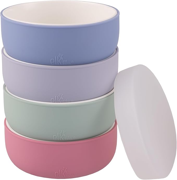 Elk and Friends Kids Porcelain Bowls with Silicone Sleeve + Silicone Lid | Kids/Toddler/Baby Feeding | Microwave & Dishwasher Safe | Non slip | Cereal/Soup/Snack Dishes & Dinnerware