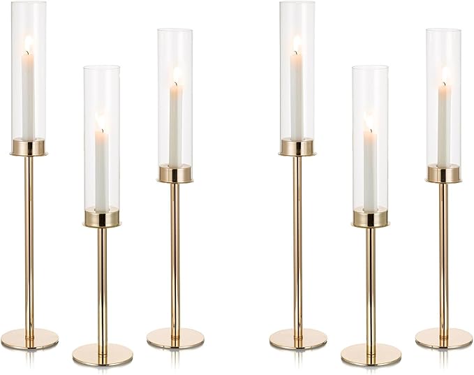 NUPTIO Hurricane Glass Candle Holders: Set of 6 Tall Gold Metal Candlestick Holder with Chimney Tube Brass Tiered Taper Candles Stands for Christmas Holiday Party Decoration 23.6 & 21.7 & 19.7 in