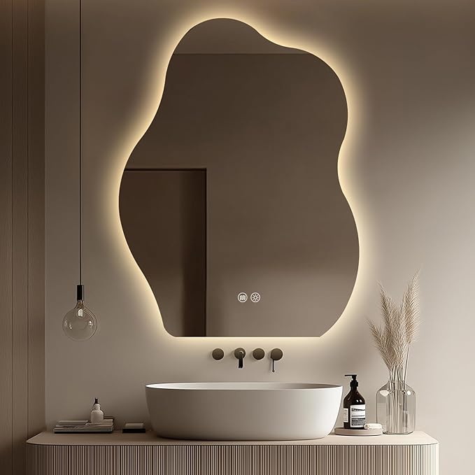 LED Bathroom Mirror with Lights 24x32, Stepless Dimmable Irregular LED Mirror with 3 Colors, Anti-Fog, Memory, Al-Alloy Lampshade, Frameless Makeup Mirror for Bathroom (Vertical Only)