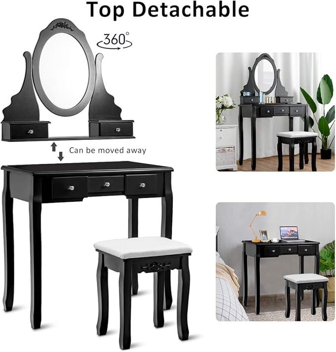 Giantex Vanity Set with Oval Mirror & Cushioned Stool, Makeup Dressing Table Large Storage with 5 Drawers, Mirrored Bedroom Vanities Makeup Table for Kids Girls Women, Easy Assembly (Black)