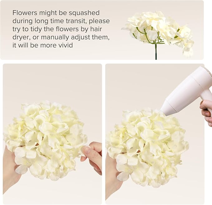 Auihiay 64pcs Silk Hydrangea Artificial Flowers, Champagne Artificial Hydrangea Flowers with Stems, Full Hydrangea Flowers for Wedding Centerpieces, Home, Garden, Party Decoration (Champagne)