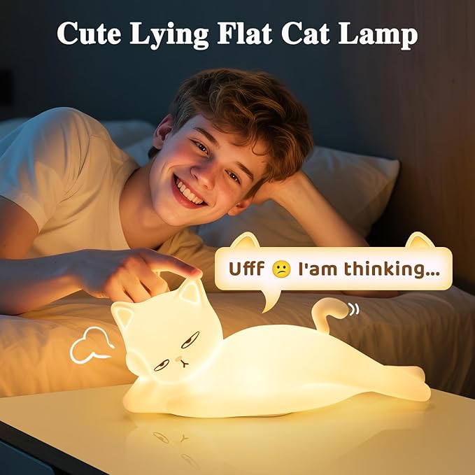 Lying Flat Cat Lamp Cat Gifts, 16 Colors+5 Dimming+Silicone Cute Lamp, Touch+Remote Control+Rechargeable Night Light for Kids, Fun & Cool Weird Stuff Random Stuff, White Elephant Gifts for Adults/Kids