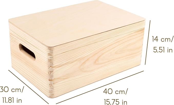 Large Wooden Storage Box with Hinged Lid | 11.8 x 7.87 x 5.51 in (+-0.5) | Plain Unpainted Gift Box with Handles for Tool Toy Shoes Kitchen Clothes Jewelry | Rough & UNSANDED Wood