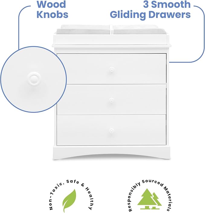Delta Children Sutton 3 Drawer Dresser with Changing Top and Interlocking Drawers - Greenguard Gold Certified, Bianca White