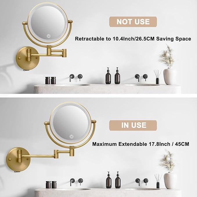 Wall Mounted Makeup Mirror with Lights and 10X Magnification, 8" Rechargeable Double Sided Magnifying Touch Dimmable Extended Arm 360 Rotation, Foldable Vanity Mirror for Bathroom, Antique Brass