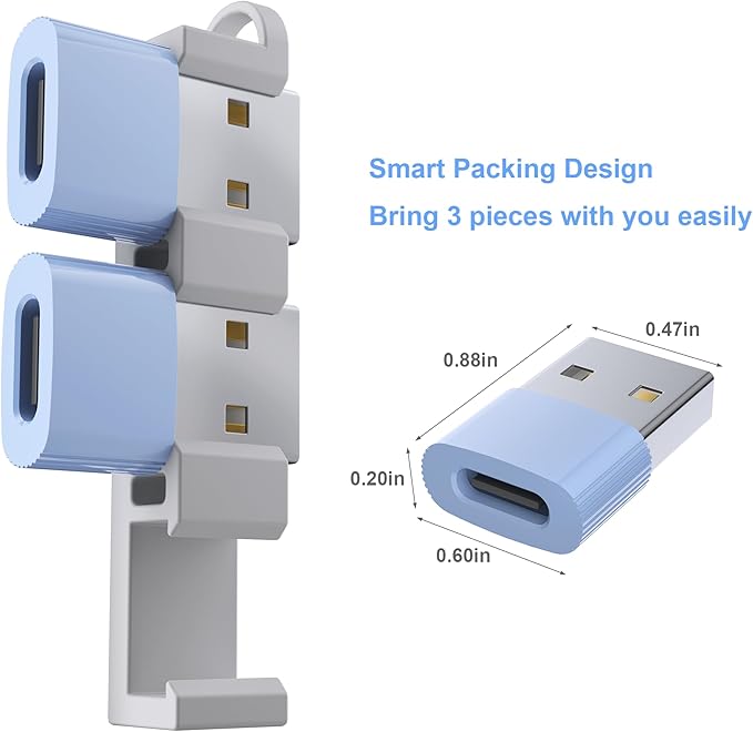 USB to USB C Adapter 3 Pack, Type C Female to A Male Car Charger OTG Converter for Apple Watch Ultra 8 9 10,iPhone 15/16/17 Pro Max,Galaxy S25/S24, MacBook, iPad, AirPods,Pixel,PS4(Blue)