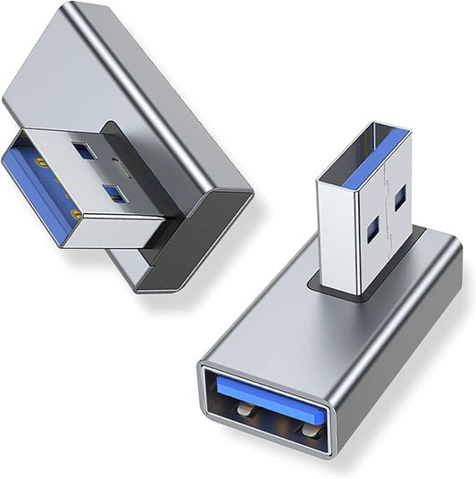 AreMe 90 Degree USB 3.0 Adapter 2 Pack, Right Angle USB A Male to Female Converter Extender for PC, Laptop, USB A Charger, Power Bank and More (Grey)