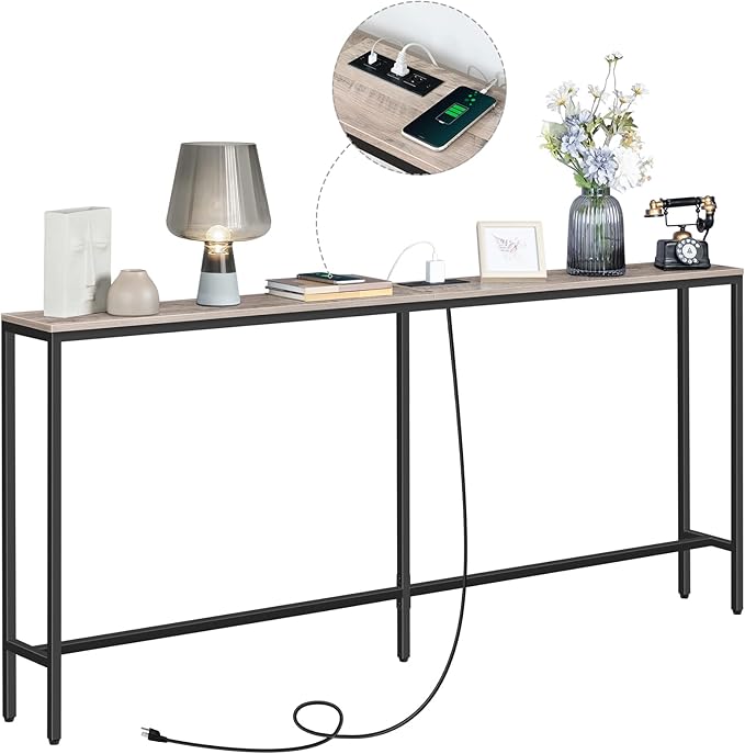 70.9'' Console Table with Power Outlet, Narrow Sofa Table, Industrial Entryway Table with USB Ports, Behind Couch for Entryway, Hallway, Foyer, Living Room, Greige CTHG18E01Z1
