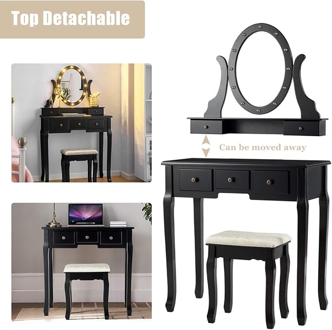 Giantex Vanity Table Set with 12 Lights Mirror, Bedroom Makeup Dressing Table with 360° Rotating Oval Mirror, 5 Drawers and Shelf, Modern Makeup Table with Cushioned Stool for Girls Women (Black)