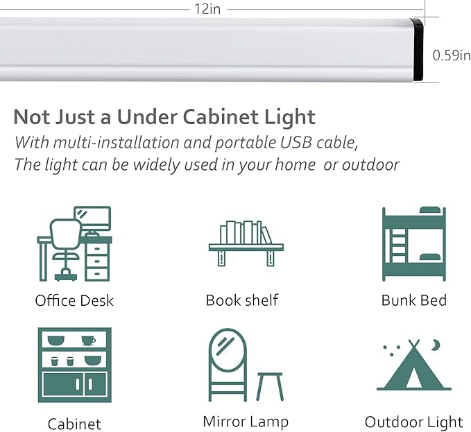 ASOKO Plug-in Under Cabinet Lighting - 12 Inch LED Strip Bar, Cool White 6000k USB Cabinet Light, Slim Undercounter Light for Kitchen/Cupboard/Workbench/Shelf/Desk