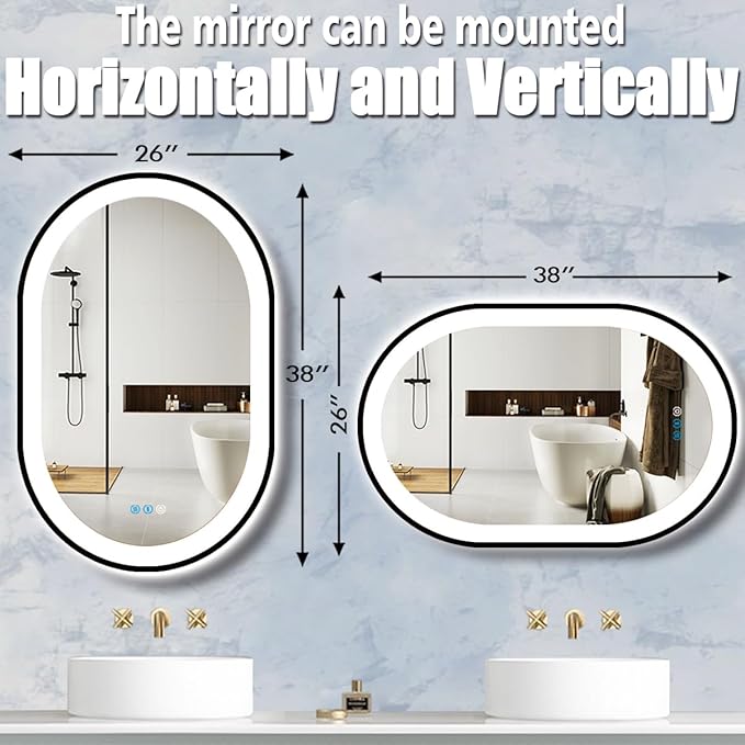38 x 26 Inch Black Oval LED Mirror for Bathroom Salon Wall Horizontal/Vertical Mounted 38 Inch Black Frame Oval Lighted Mirror with Lights Smart Memory 3 Color Dimmable Front Lights Antifog