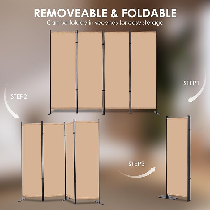 RANTILA 4 Panel Room Divider, 6 FT Folding Privacy Screen with Wide Feet, Freestanding Partition for Room Separation, Portable Room Divider Panel, 89" W x 71" H, Beige