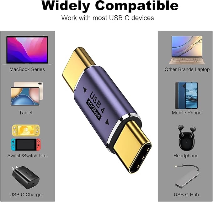 AreMe 2 Pack USB C Male to Male Adapter, USB Type C Coupler Extender Support 100W, 40Gbps, 8K@60Hz for Thunderbolt 4/3, MacBook Pro/Air, Laptop, Phones and More Type C Devices (Purple)