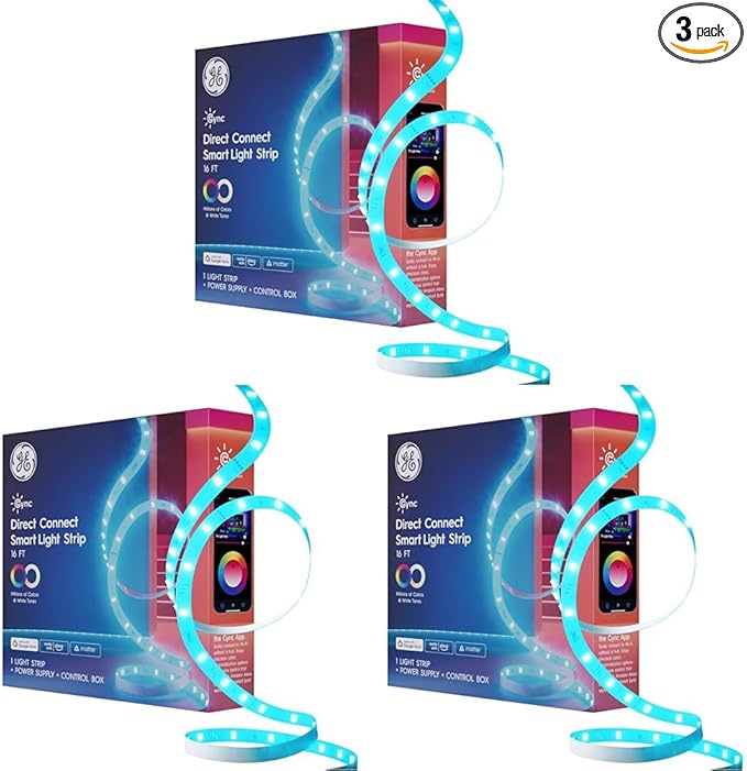 Cync GE Smart LED Strip Light, Color Changing Room DecorLED Light Strip, Works with Alexa& Google Home, Matter Compatible, Bedroom, Millions of Colors& White Tones, 16 Feet (Pack of 3)