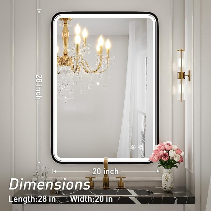 20X28 Inch LED Bathroom Mirror with Lights,Wall Mounted Lighted Mirrors with Non-Rusting Black Metal Frame Anti-Fog Memory Funtion Stepless Dimmable,6000K(Horizontal&Vertical)