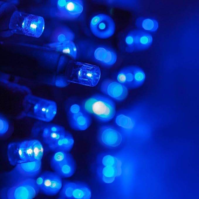 Wintergreen Lighting 50 LED Blue Christmas Lights, 25 ft Indoor/Outdoor Wide Angle Mini String on Green Wire, Commercial Grade with 6" Spacing, 5mm