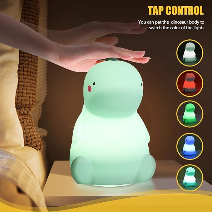VSATEN Dinosaur Night Light for Kids, Cute Color Changing Silicone Baby Night Light with Touch Sensor, Portable Rechargeable LED Bedside Nursery Lamp for Toddler's Room, Gifts for Boys Girls, Green