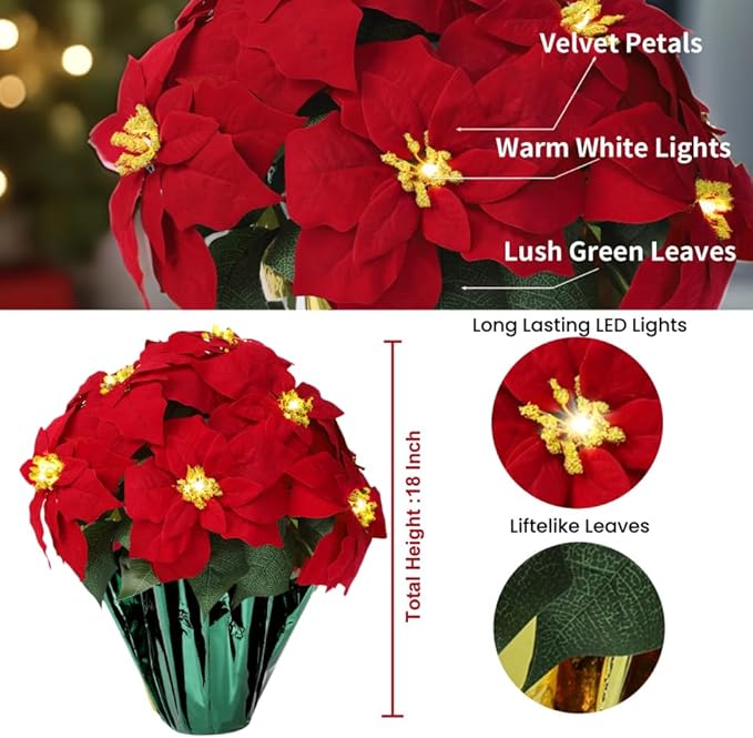 2 Pack 18" Lighted Large Artificial Poinsettias for Outdoors LED Poinsettia Flowers Artificial Faux Poinsettia Plants Poinsettia Christmas Decorations for Office Home Kitchen Decor (Green Paper)