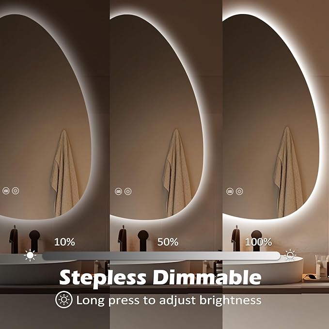 LED Light Bathroom Mirror 24x32, Stepless Dimmable Irregular LED Mirror with 3 Colors, Anti-Fog, Memory, Al-Alloy Lampshade, Frameless Makeup Mirror for Bathroom (Horizontal/Vertical)