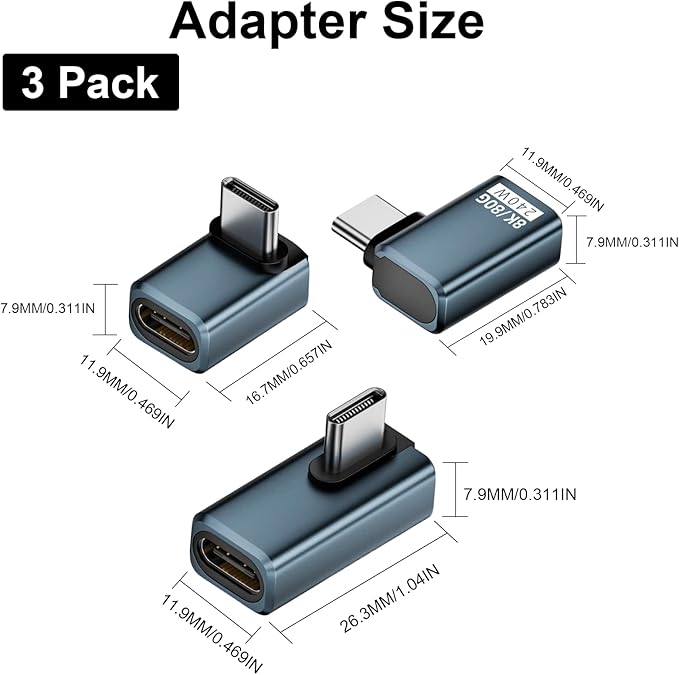 Poyiccot 90 Degree USB C Adapter【240W Charging/ 80Gbps Data/ 8K@60Hz Video】 Right Angle USB C Adapter Thunderbolt 5 Type C Extender Compatible for Laptop, MacBook,iPhone 16, Steam Deck, 3-Pack