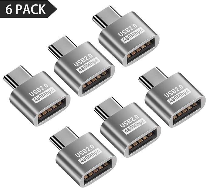 Duttek USB C to USB Adapter 6 Pack, Type C Male to USB 2.0 Type A Female Extension Connector Support 480Mbps Data Transfer, OTG Function and Charging for Phone, Laptop, USB Keyboard (Silver)