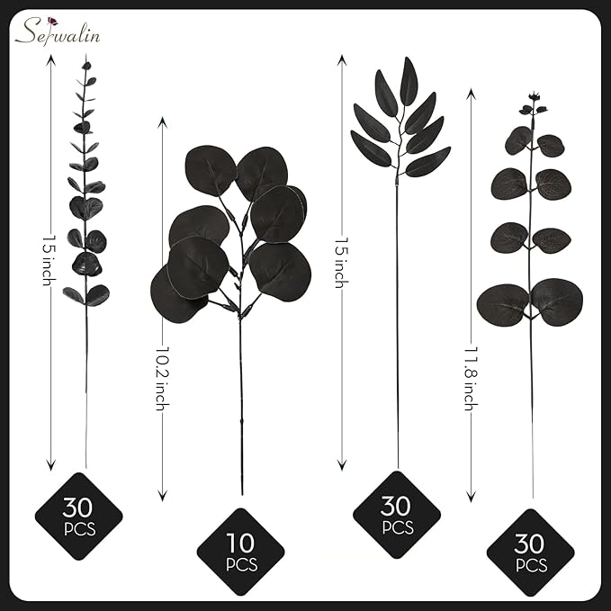 Serwalin 100pcs Artificial Mixed Eucalyptus Stems Leaves Bulk, 4 Kinds Fake Black Grennery Silver Dollar Eucalyptus Stems Picks,Faux Black Leaves Sprays for DIY Bouquets Floral Arrangement Home Decor
