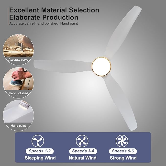 BOJUE 52 Inch Solid Wood Gold Ceiling Fans with Lights and Remote, Reversible Quite DC Motor,6 Speeds with Memory Program,Modern Farmhouse Ceiling Fan with Light for Living Room Patio