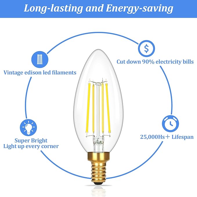 Brightever E12 Candelabra LED Light Bulbs 60 Watt Equivalent, 12 Packs Super Bright 620 Lumen, 6W Clear LED Candle Bulbs, Daylight White 5000K Dimmable Chandelier Light Bulbs for Ceiling Fan