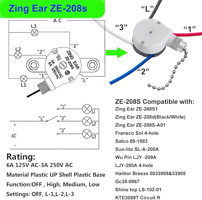 Ceiling Fan Pull Chain Switch Zing Ear ZE-208s E89885,3 Speed 4 Wire Pull Chain Fan Light Switch with 4 Pre-Installed Wires Fit for Harbor Breeze Fans Replacement Part (Nickel)