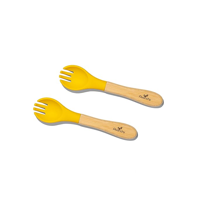 Avanchy Baby Fork Set, Bamboo and Silicone Spork Utensils, Toddler Baby Led Weaning Silverware Cutlery Flatware, Kids First Self Feeding