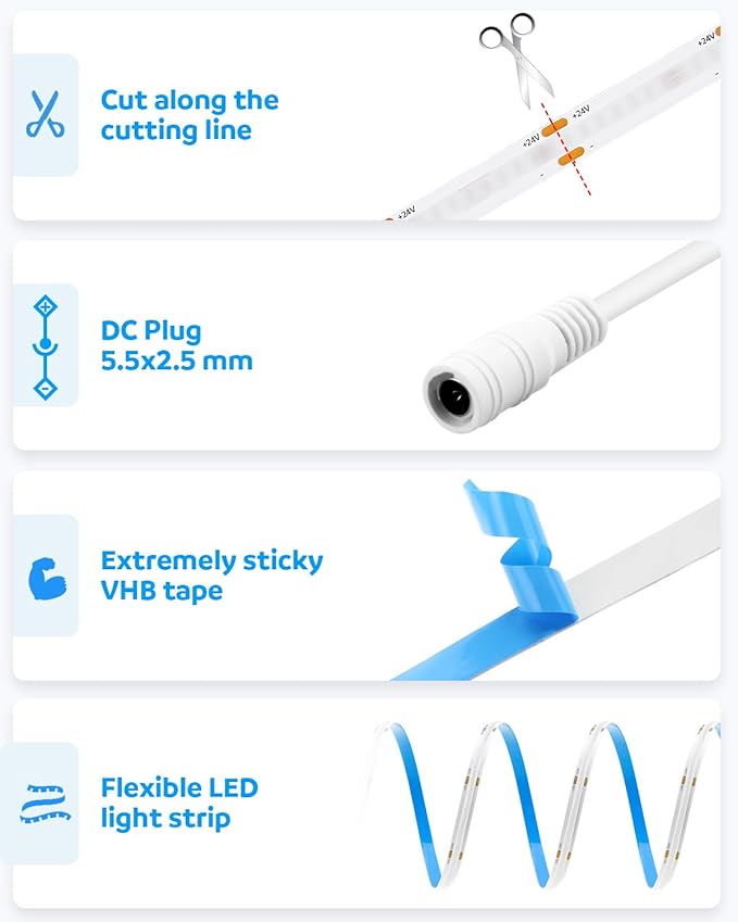 Aclorol 32.8ft Blue Led Strip Lights COB Led Strip Light 24V Flexible LED Tape Light for Bedroom Kitchen Cabinet Closet Other Home Indoor Decor 3200Leds 10M(Power Supply&Dimmer Not Included)