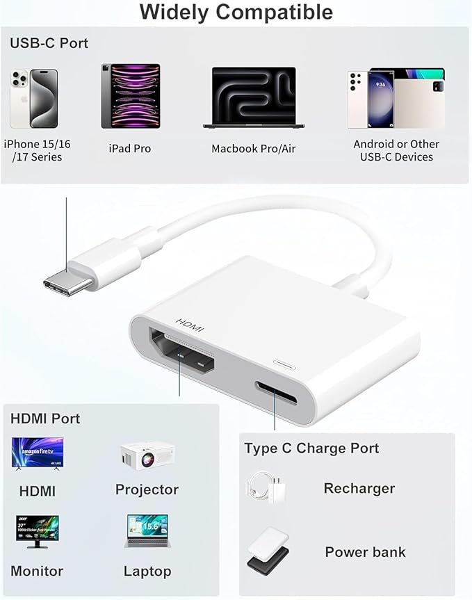 USB C to HDMI Adapter for iPhone 17/16/15 to TV, Type C Digital AV HDMI Adapter with 100W Fast Charging & 4K HDMI Port, Compatible with iPhone 15/16/17 /iPad/MacBook/Laptop to HDTV Projector Monitor