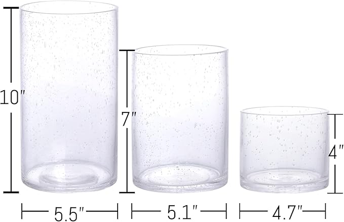 Large Hurricane Candle Holder Set of 3 Clear Candle Holders for Pillar Candles, Seeded Bubbles Glass Candle Holder for Table Centerpiece, Glass Cylinder Vases for Home, Patio and Wedding 10" 7" 4" H