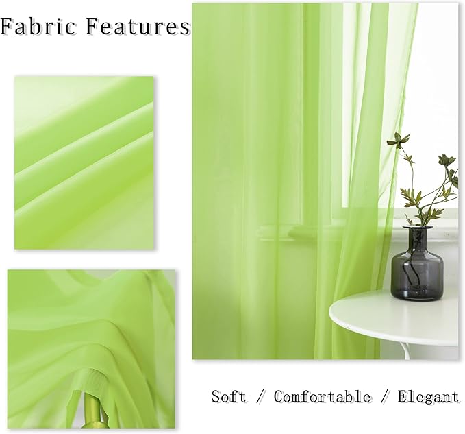 DUALIFE Lime Green Voile Sheer Curtains Grommet,Look Semi Sheer Windows Panels,Elegant Solid Color Touch Soft Drapes, 52X45 Inch for Living Room Bedroom,Set of 2 Panels
