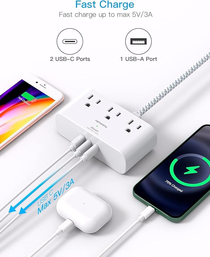 Cruise Ship Essentials, HANYCONY Short Extension Cord 1 Ft, Small Power Strip 3 Outlets 3 USB Ports(2 USB C), Ultra Thin Flat Outlet Extender with No Surge Protector for Dorm Room, Travel Accessories