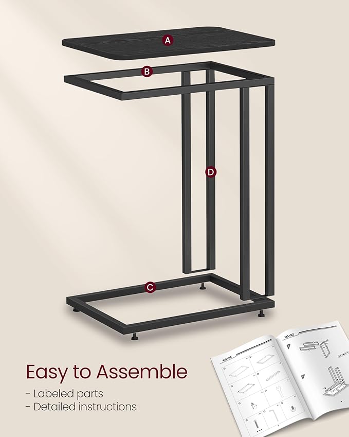 VASAGLE End Table, C Shaped TV Tray with Metal Frame Rolling Casters for Coffee Laptop Mobile Tablet, Industrial Side Table for Living Room Bedroom, 19.7 x 13.8 x 23.6 Inches, Ebony Black, ULNT050B56