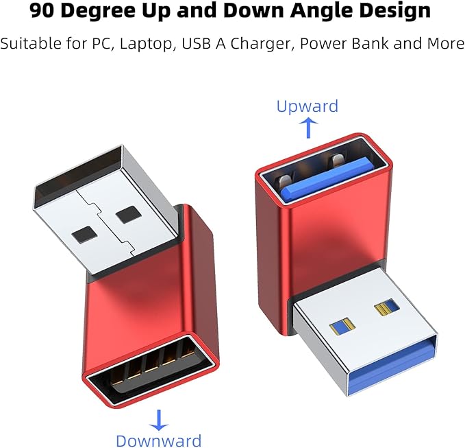 AreMe 90 Degree USB 3.0 Adapter 2 Pack, Up and Down Angle USB A Male to Female Converter Extender for PC, Laptop, USB A Charger, Power Bank and More (Red)