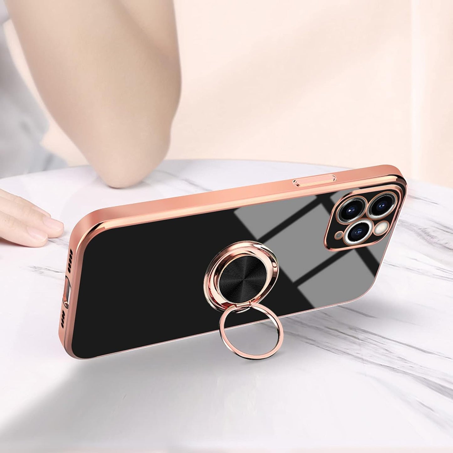 Omorro iPhone 11 Pro Max Case for Women, Bling Glitter Plating Rose Gold Slim Soft Luxury Cover with Ring Holder
