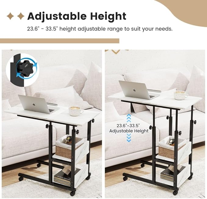 Hadulcet Adjustable C Table with Charging Station, Tiltable Desk C Shaped End Table for Couch, Over Bed Table with Wheels Adjustable Height, Hospital Table Laptop Stand Drawing Desk, Marble White