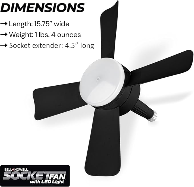 Bell+Howell Socket Breeze Socket Fan Light with Remote, Portable Small Ceiling Fans with Lights for Bedroom, Kitchen, Living Room, Ceiling Fan with Light 3500K, 1000 Lumens, Screws into E26/E27