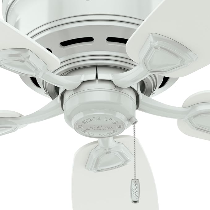 Hunter 48 inch Outdoor or Indoor Ceiling Fan No Light - Low Profile Mount, White Ceiling Fan without Light, For Patio, Porch, Garage, or Living Room, 5 Blades, Pull Chain - Sea Wind 53119, White
