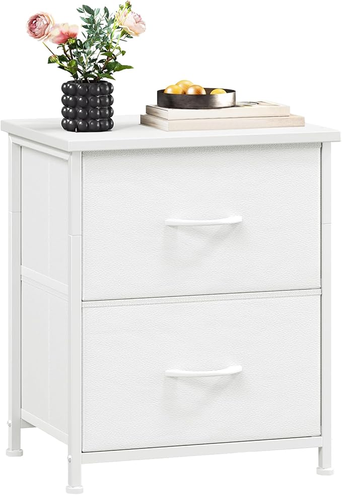 Somdot Nightstand, Small Dresser for Bedroom with 2 Drawers, Bedside Table Night Stand End Table with Fabric Bins for Bedroom Kids Closet Dorm Guest Room, White Leather