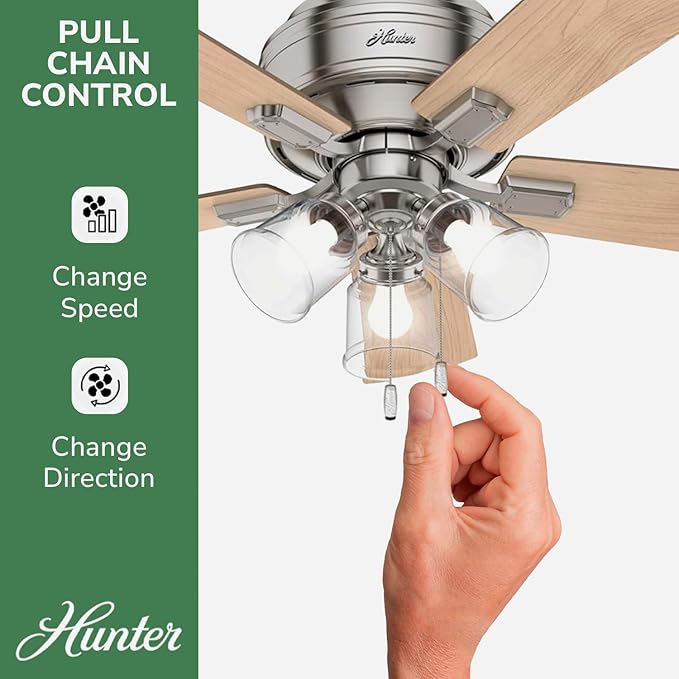 Hunter 42 inch Indoor Ceiling Fan with LED Lights and Pull Chain - Low Profile Mount Ceiling Fan, 5 Blades, For Bedroom, Living Room, or Kitchen, Quiet - Crestfield 52154, Brushed Nickel