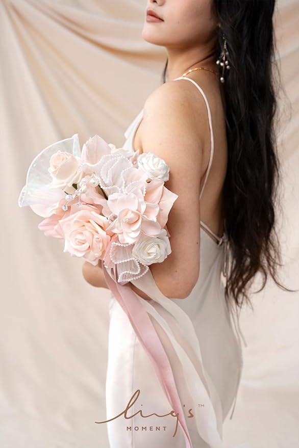 Ling's Moment Artificial Flowers Fake Roses Faux Foam Gardenia Combo for DIY Wedding Bouquets Centerpieces Arrangements Bridal Shower Party Home Decorations, Blush & White, 24pcs