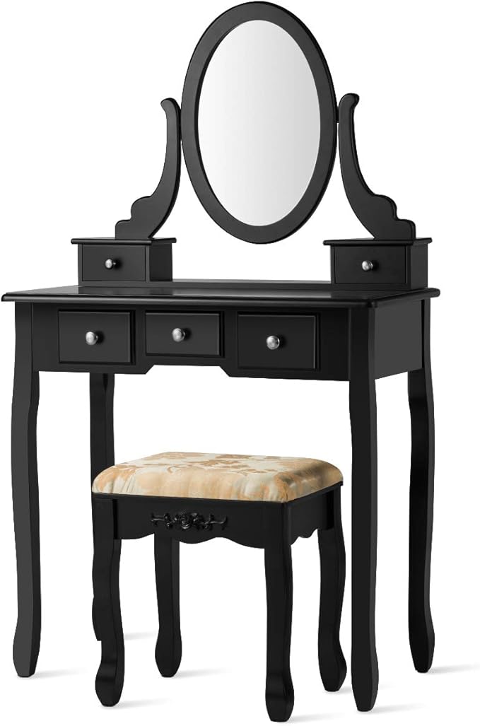 CHARMAID Vanity Table Set with Rotatable Oval Mirror, Bedroom Makeup Table with 5 Drawers for Women Girls, Dressing Table with Cushioned Stool (Black)